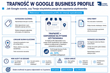 infografika przedstawiająca jak Google ocenia, czy Twoja wizyt&oacute;wka pasuje do zapytania użytkownika