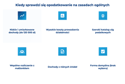 infografika przedstawiająca, kiedy sprawdzi się opodatkowanie na zasadach ogólnych