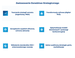 infografika przedstawiająca zastosowania doradztwa strategicznego